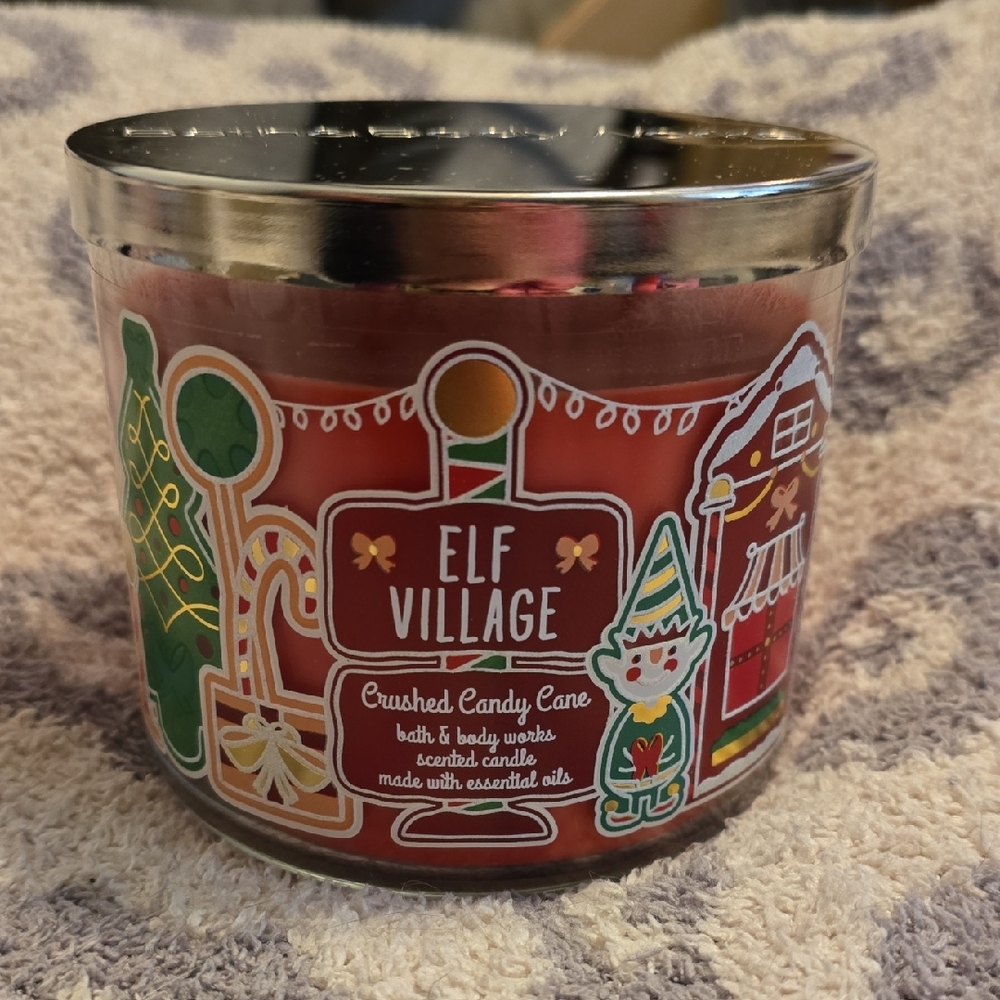Bath & Body Works 3 Wick Candle- Elf Village Candle- Crushed Candy Cane